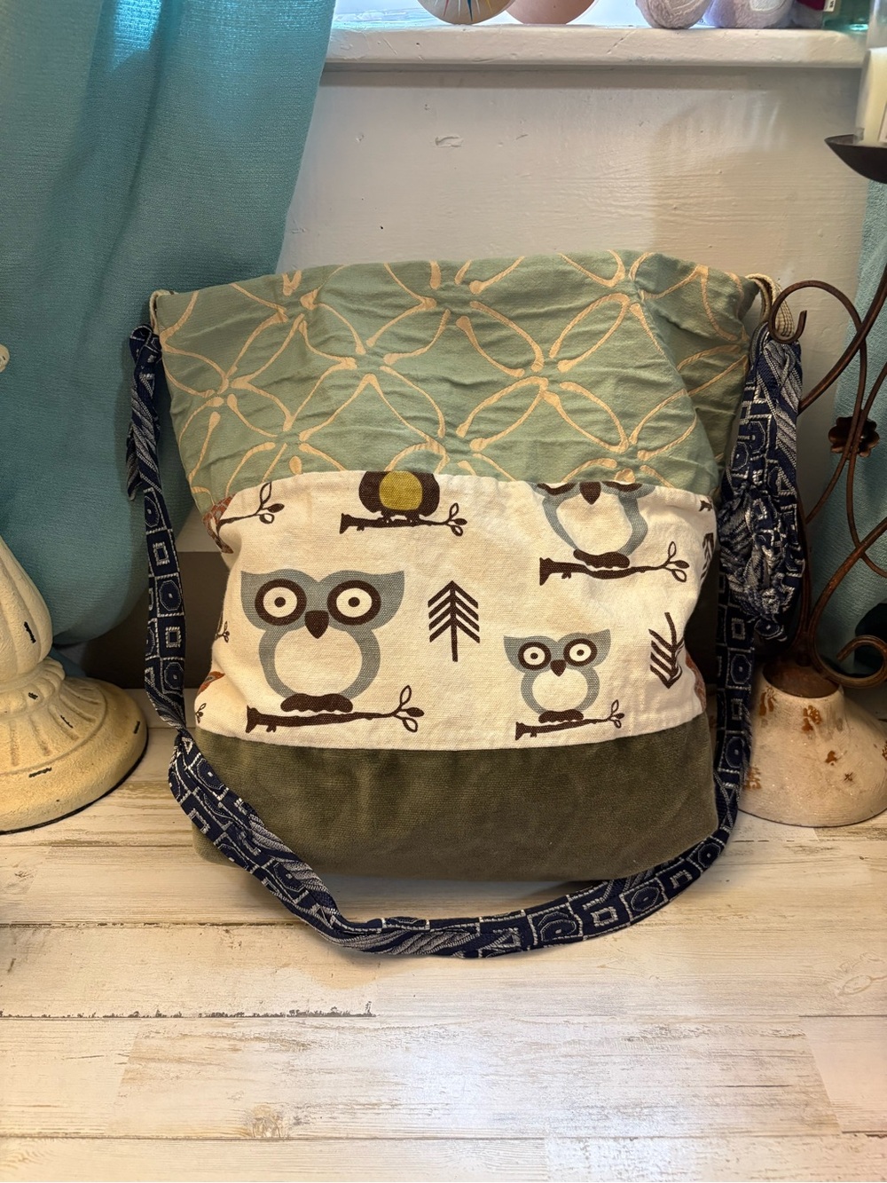 Owl Print Patchwork Shoulder Bag in Sage, Cream, Olive, and Navy